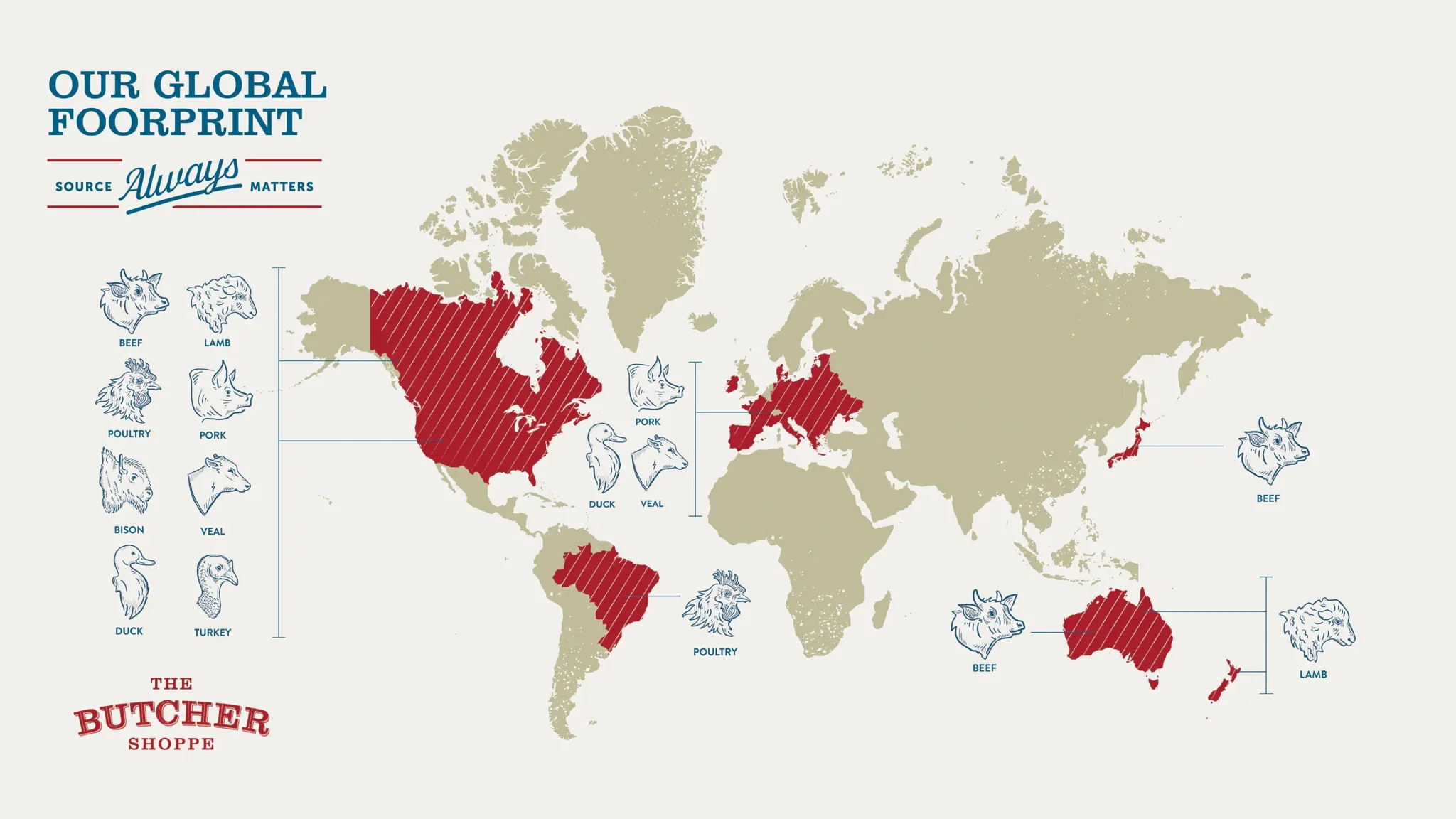 Global map highlighting the areas that The Butcher Shoppe sources it's products from